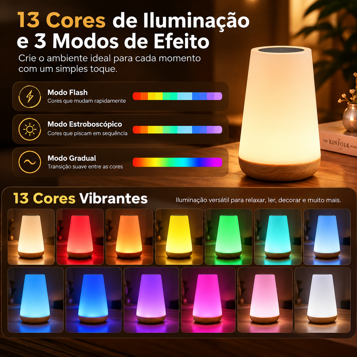 Candeeiro de Mesa Recarregável com 13 Cores e Comando