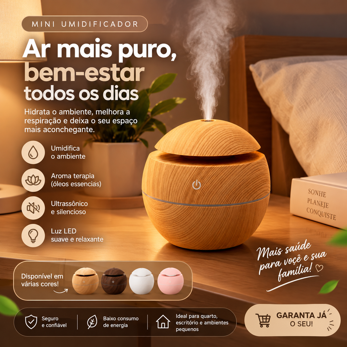 Mini Difusor de Aromas e Humidificador Ultrassónico USB