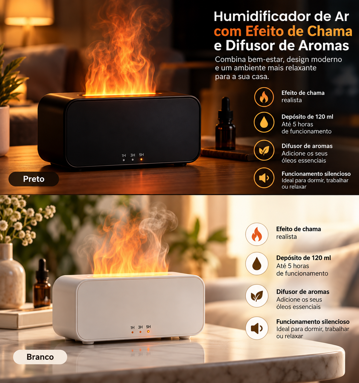 Difusor de Aromas e Humidificador com Efeito de Chama e Luz LED