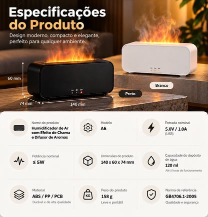 Difusor de Aromas e Humidificador com Efeito de Chama e Luz LED