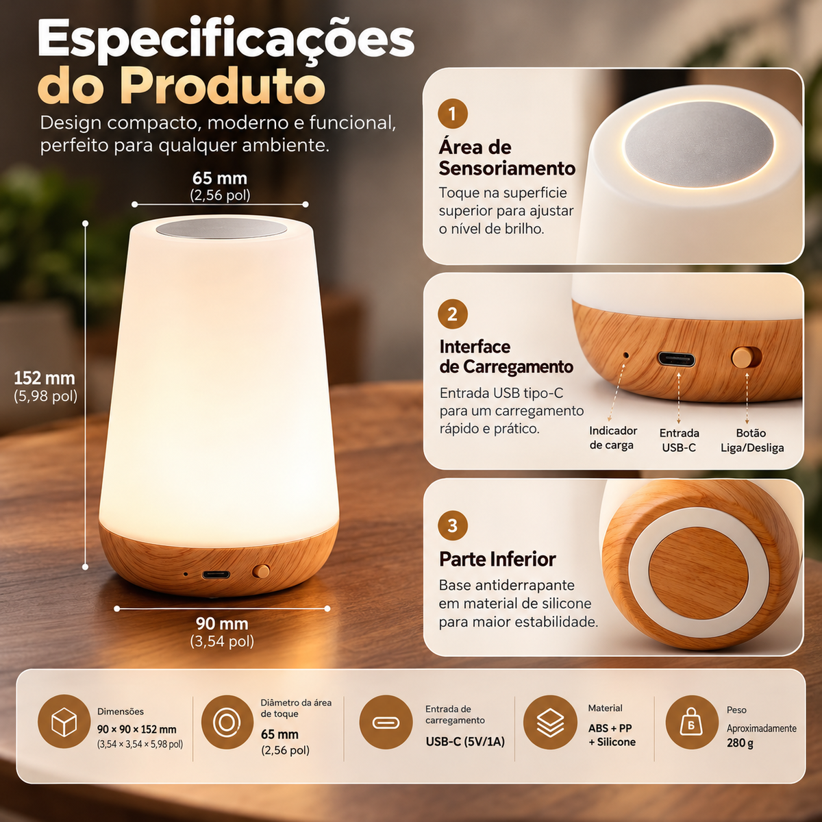 Candeeiro de Mesa Recarregável com 13 Cores e Comando
