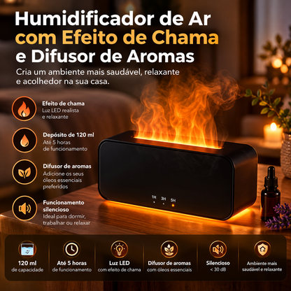 Difusor de Aromas e Humidificador com Efeito de Chama e Luz LED